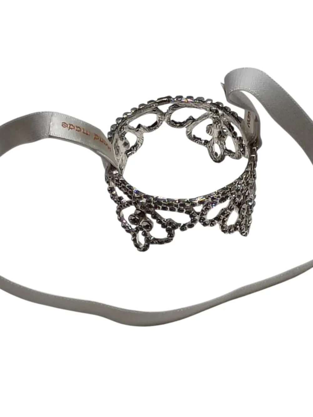 Handmade Silver Rhinestone Mini Crown Tiara Headband With White Ribbon 2.2